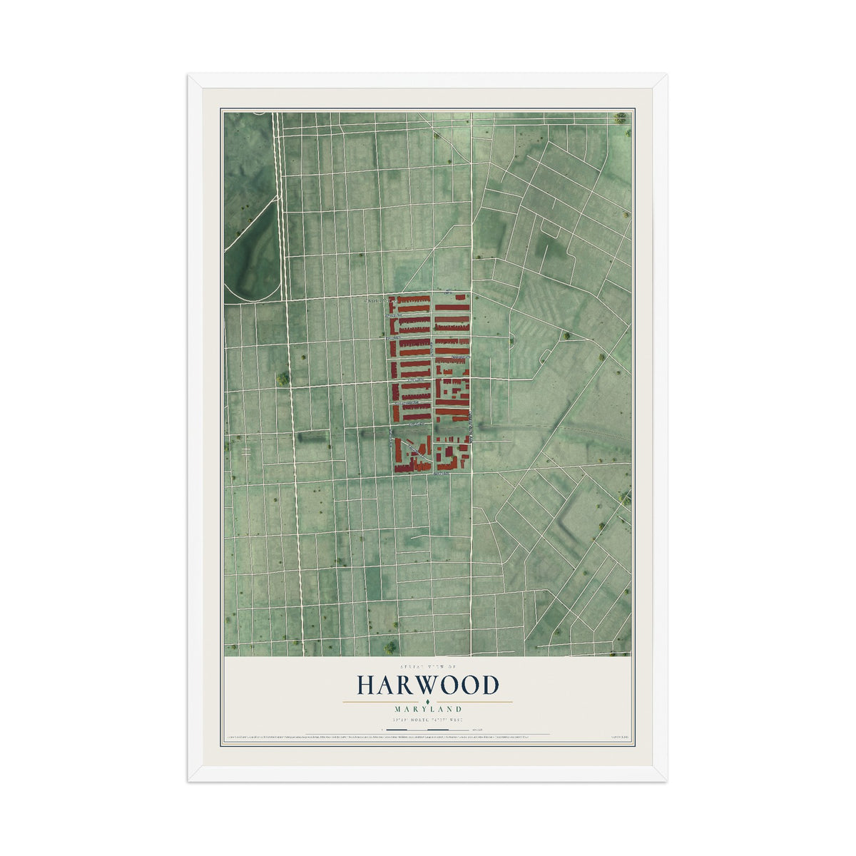 Map of Harwood, Maryland, 12 x 18 inch print in a white wood frame