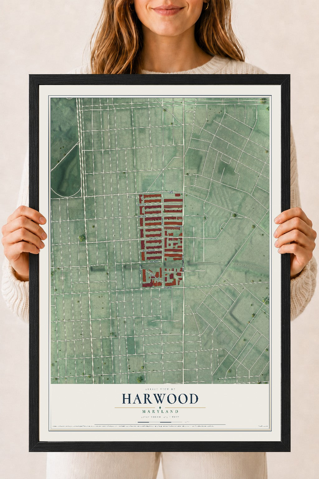 Map of Harwood, Maryland, 18 x 24 inch print in a black wood frame