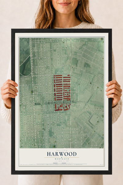 Map of Harwood, Maryland, 18 x 24 inch print in a black wood frame