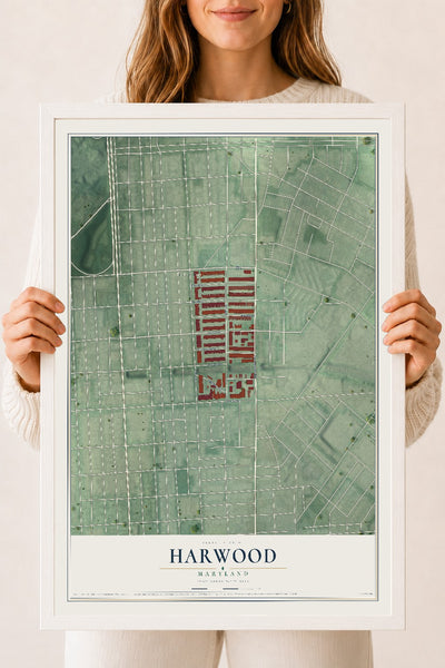 Map of Harwood, Maryland, 18 x 24 inch print in a white wood frame