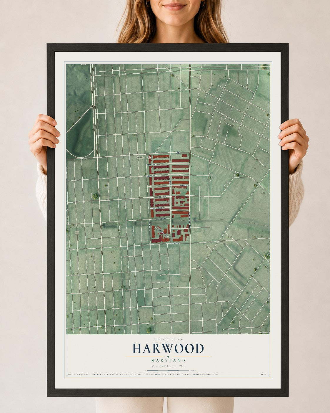 Map of Harwood, Maryland, 24 x 36 inch print in a black wood frame