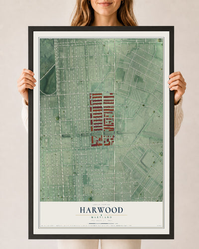 Map of Harwood, Maryland, 24 x 36 inch print in a black wood frame