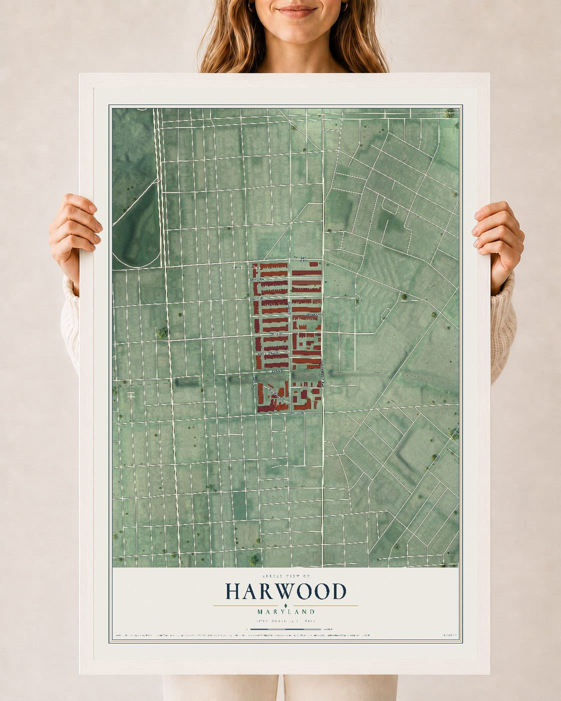 Map of Harwood, Maryland, 24 x 36 inch print in a white wood frame