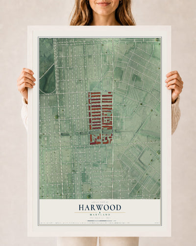 Map of Harwood, Maryland, 24 x 36 inch print in a white wood frame