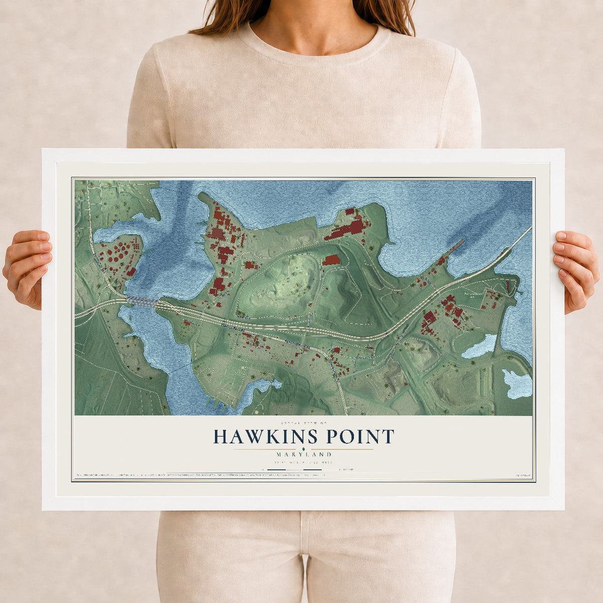 Map of Hawkins Point, Maryland, 12 x 18 inch print in a white wood frame