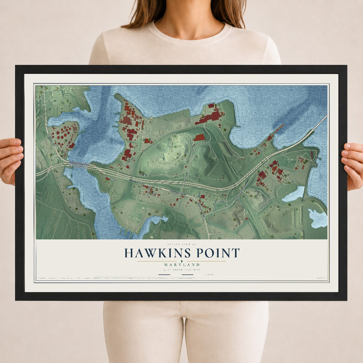 Map of Hawkins Point, Maryland, 18 x 24 inch print in a black wood frame