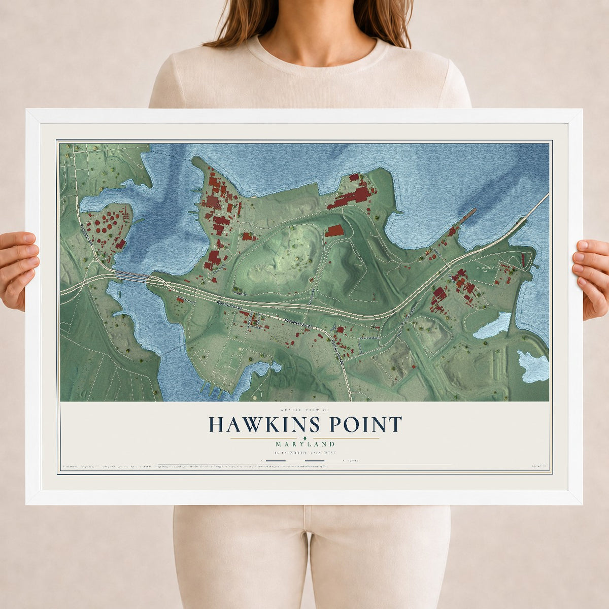 Map of Hawkins Point, Maryland, 18 x 24 inch print in a white wood frame