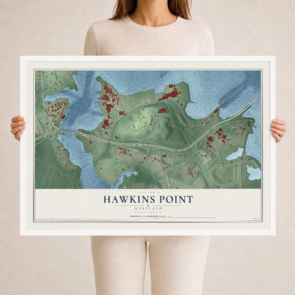 Map of Hawkins Point, Maryland, 24 x 36 inch print in a white wood frame