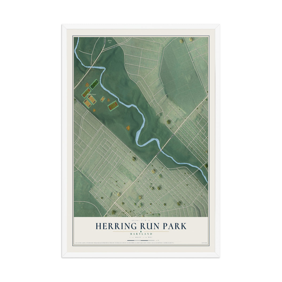 Map of Herring Run Park, Maryland, 12 x 18 inch print in a white wood frame