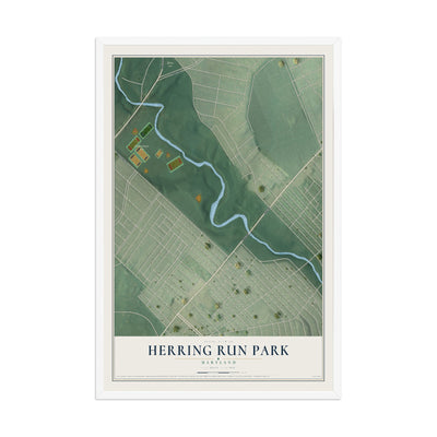 Map of Herring Run Park, Maryland, 12 x 18 inch print in a white wood frame