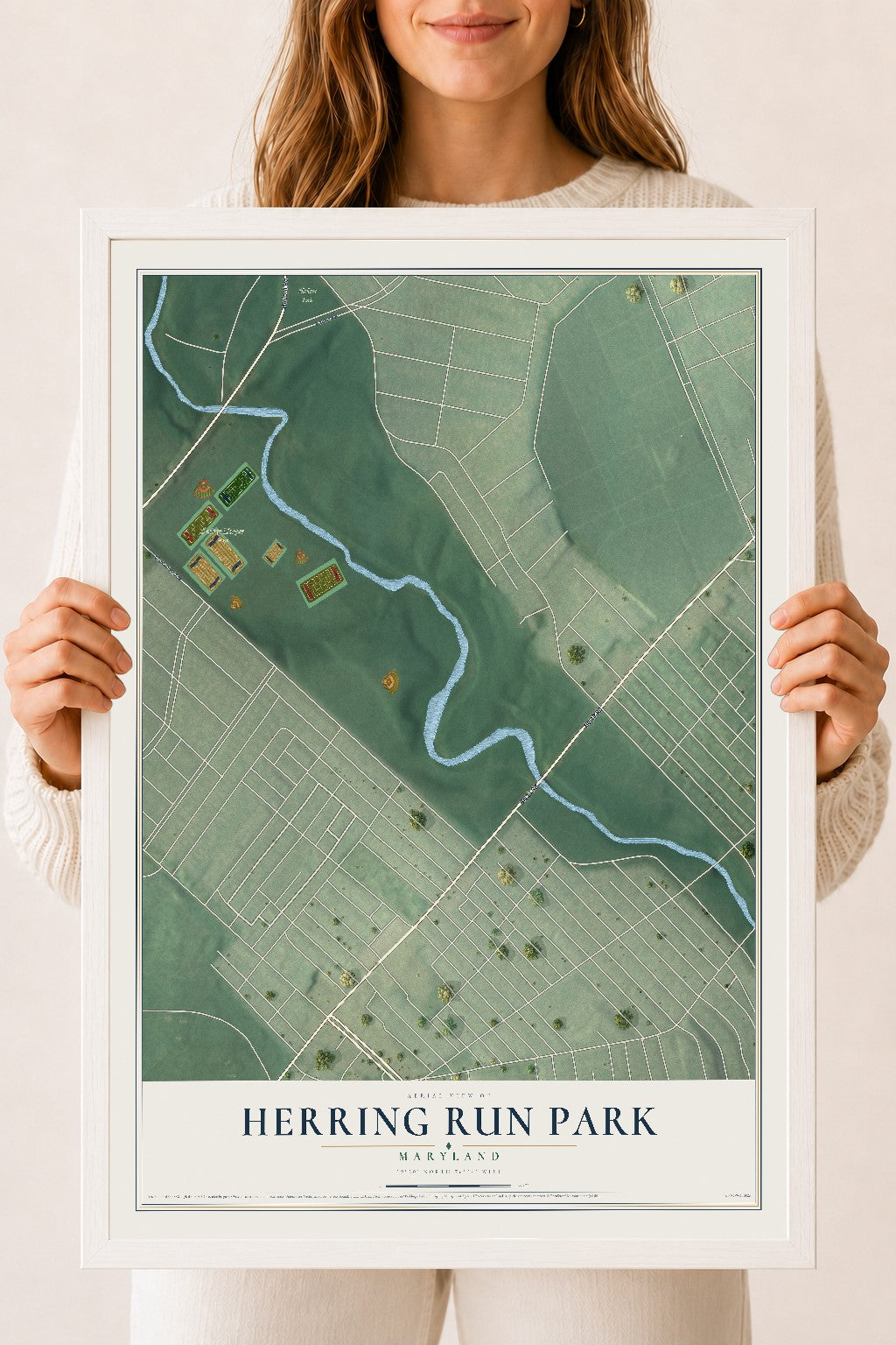 Map of Herring Run Park, Maryland, 18 x 24 inch print in a white wood frame