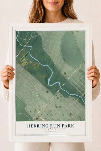 Map of Herring Run Park, Maryland, 18 x 24 inch print in a white wood frame