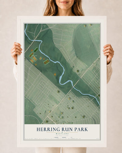 Map of Herring Run Park, Maryland, 24 x 36 inch print in a white wood frame