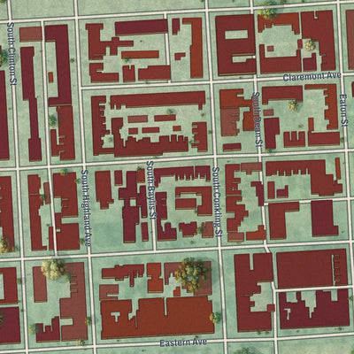 Close-up of the map of Highlandtown, Maryland print showing street and building detail