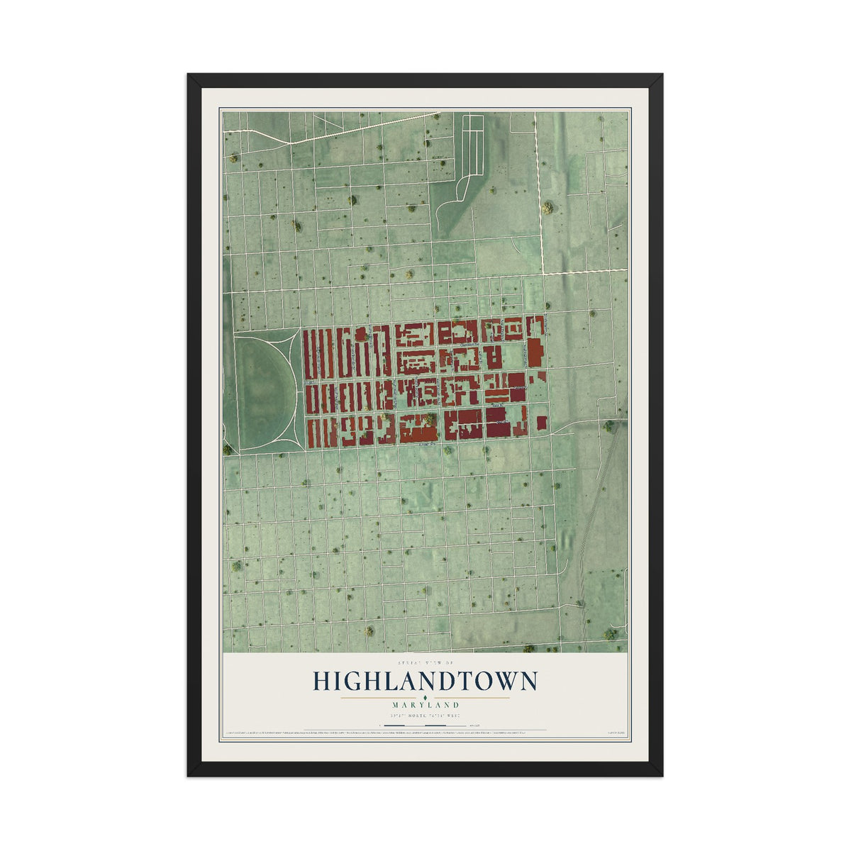 Map of Highlandtown, Maryland, 12 x 18 inch print in a black wood frame