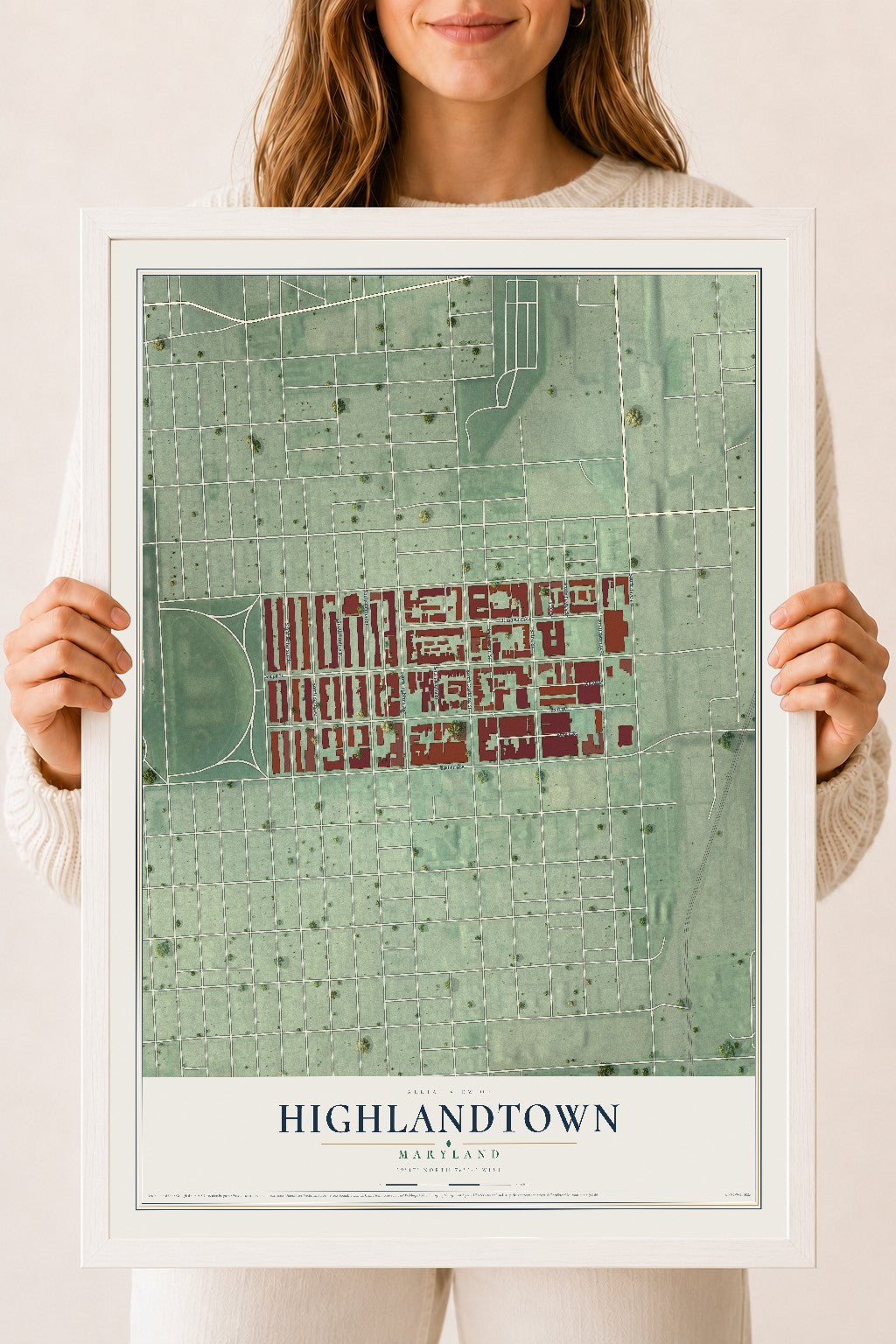 Map of Highlandtown, Maryland, 18 x 24 inch print in a white wood frame