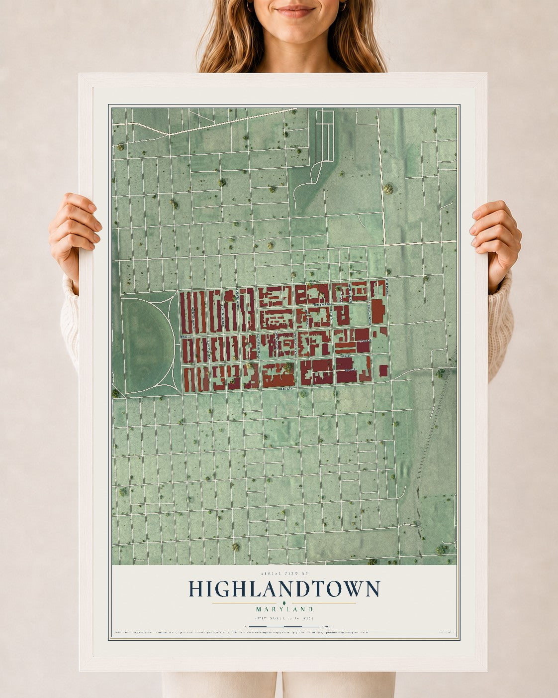 Map of Highlandtown, Maryland, 24 x 36 inch print in a white wood frame