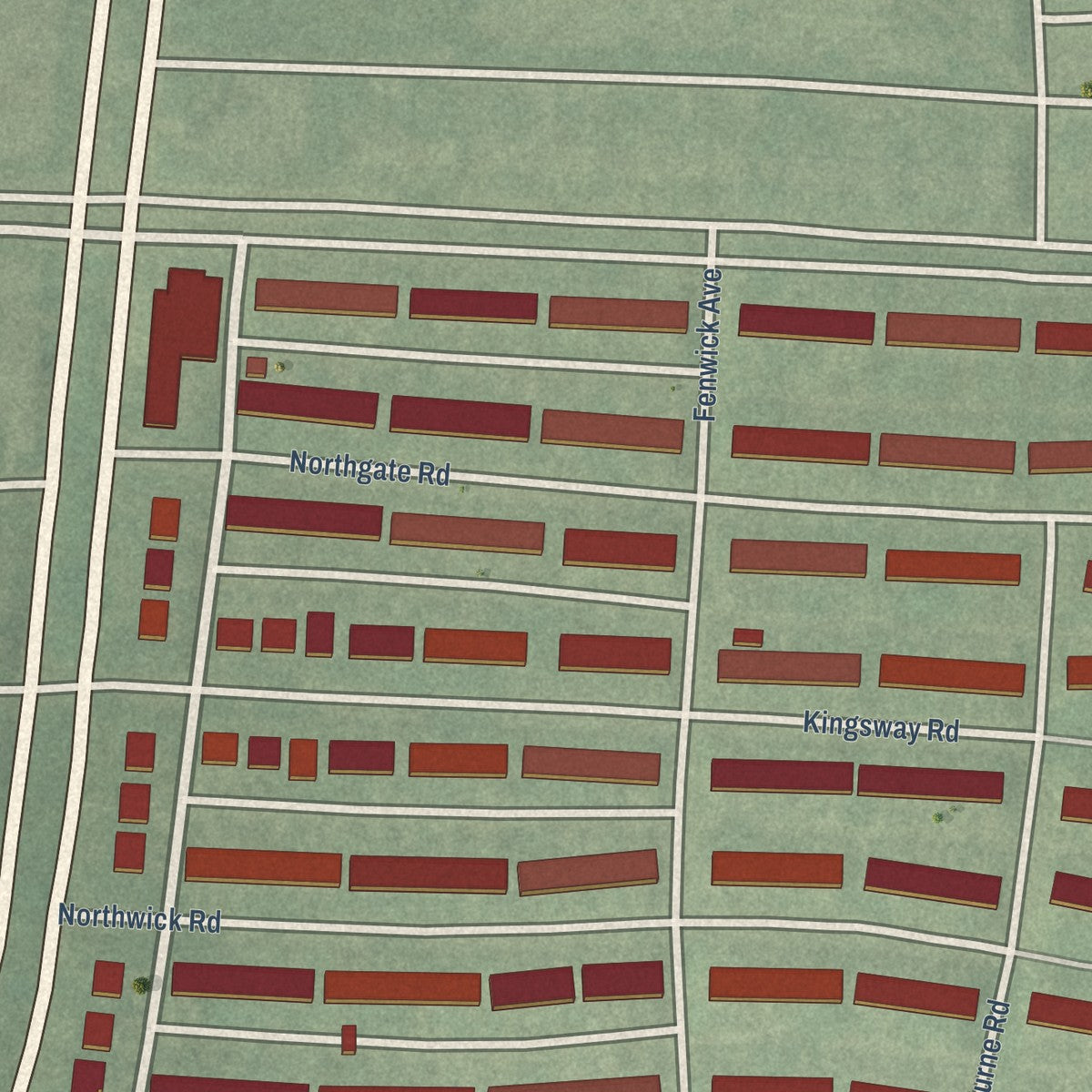 Close-up of the map of Hillen, Maryland print showing street and building detail