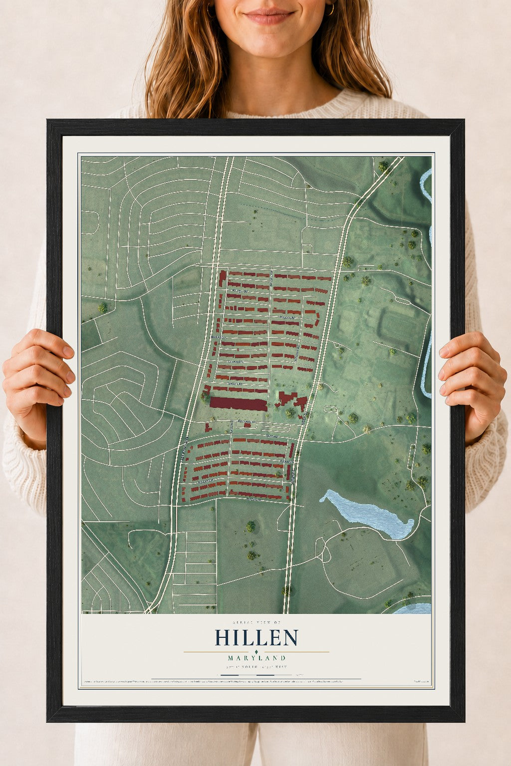 Map of Hillen, Maryland, 18 x 24 inch print in a black wood frame
