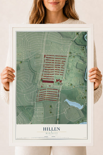 Map of Hillen, Maryland, 18 x 24 inch print in a white wood frame