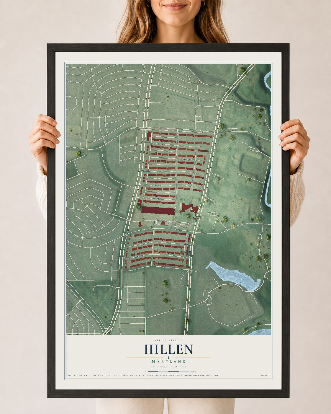 Map of Hillen, Maryland, 24 x 36 inch print in a black wood frame