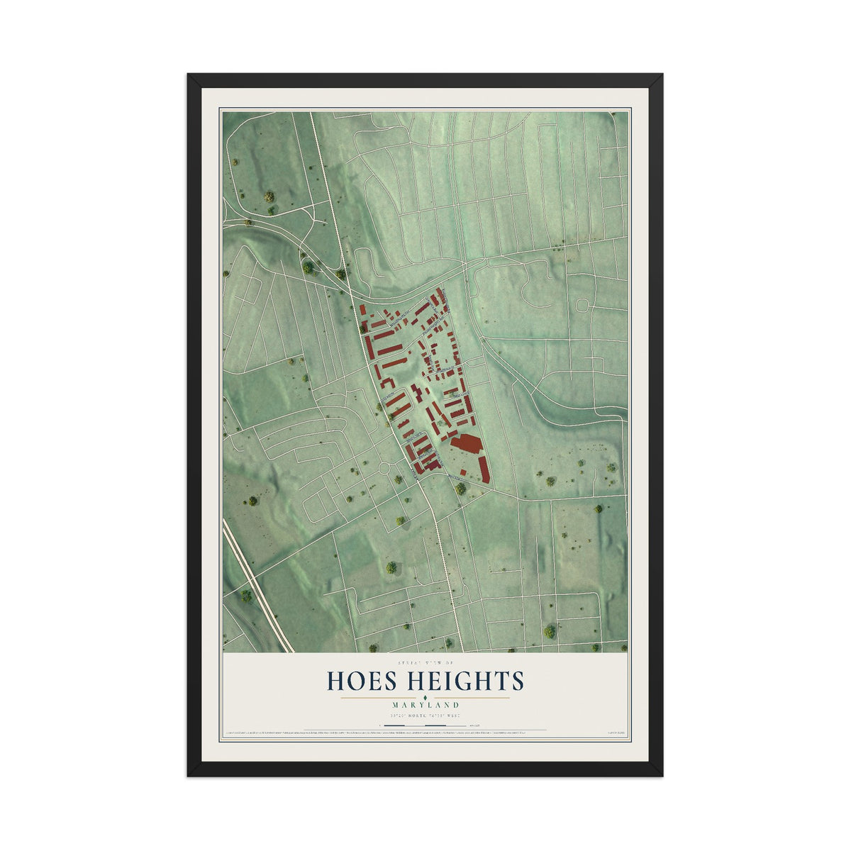 Map of Hoes Heights, Maryland, 12 x 18 inch print in a black wood frame