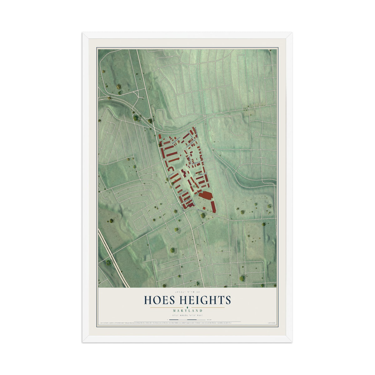 Map of Hoes Heights, Maryland, 12 x 18 inch print in a white wood frame