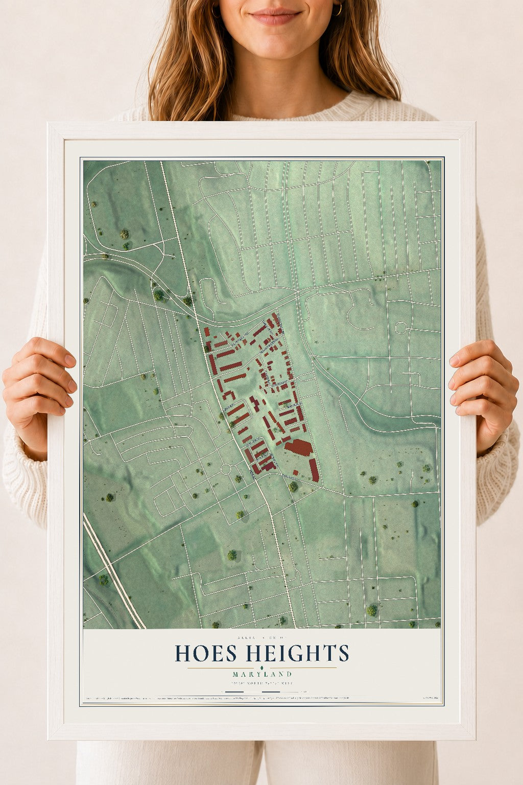 Map of Hoes Heights, Maryland, 18 x 24 inch print in a white wood frame