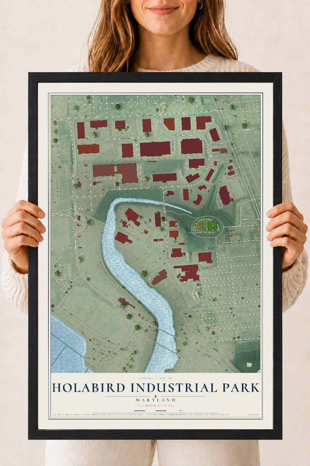 Map of Holabird Industrial Park, Maryland, 18 x 24 inch print in a black wood frame