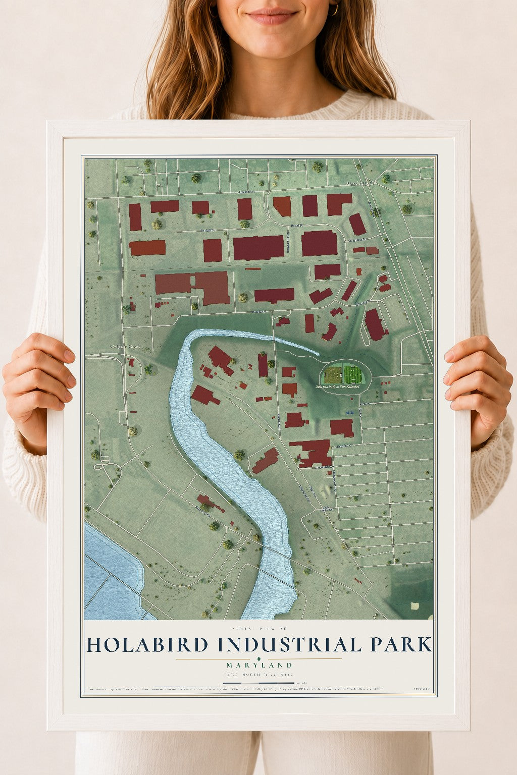 Map of Holabird Industrial Park, Maryland, 18 x 24 inch print in a white wood frame