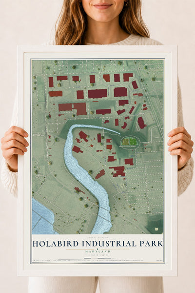 Map of Holabird Industrial Park, Maryland, 18 x 24 inch print in a white wood frame