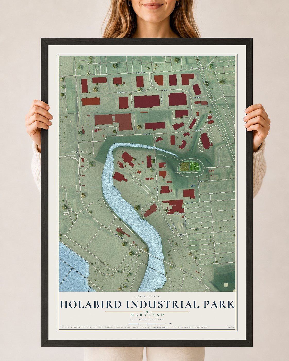 Map of Holabird Industrial Park, Maryland, 24 x 36 inch print in a black wood frame