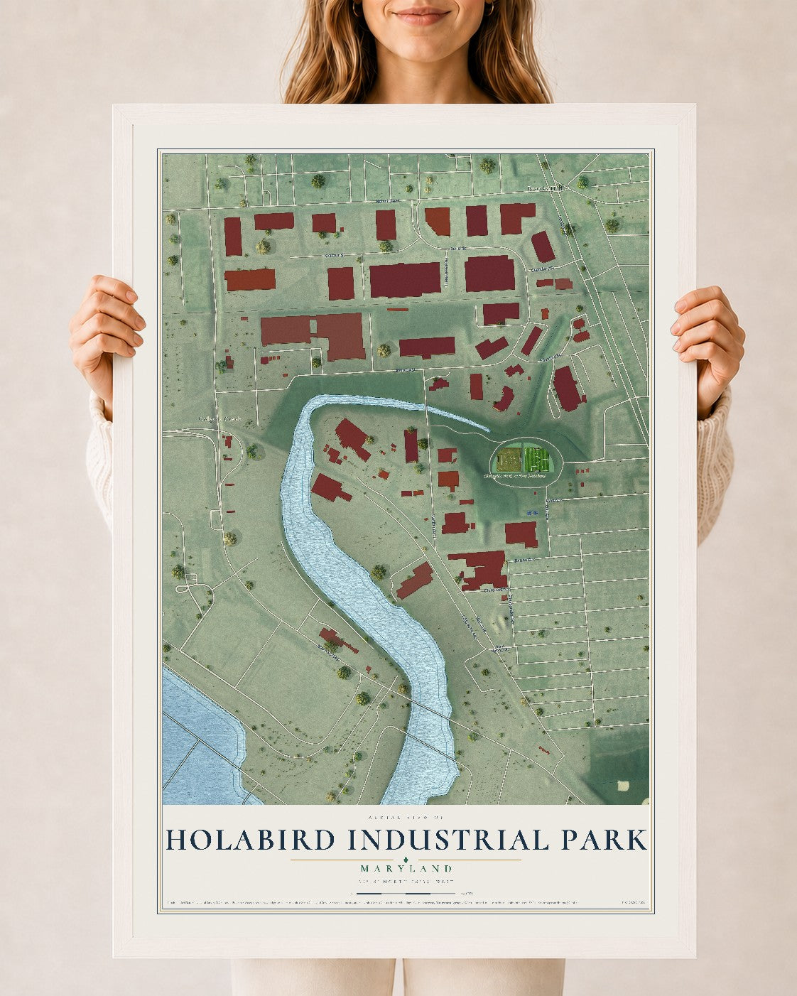 Map of Holabird Industrial Park, Maryland, 24 x 36 inch print in a white wood frame