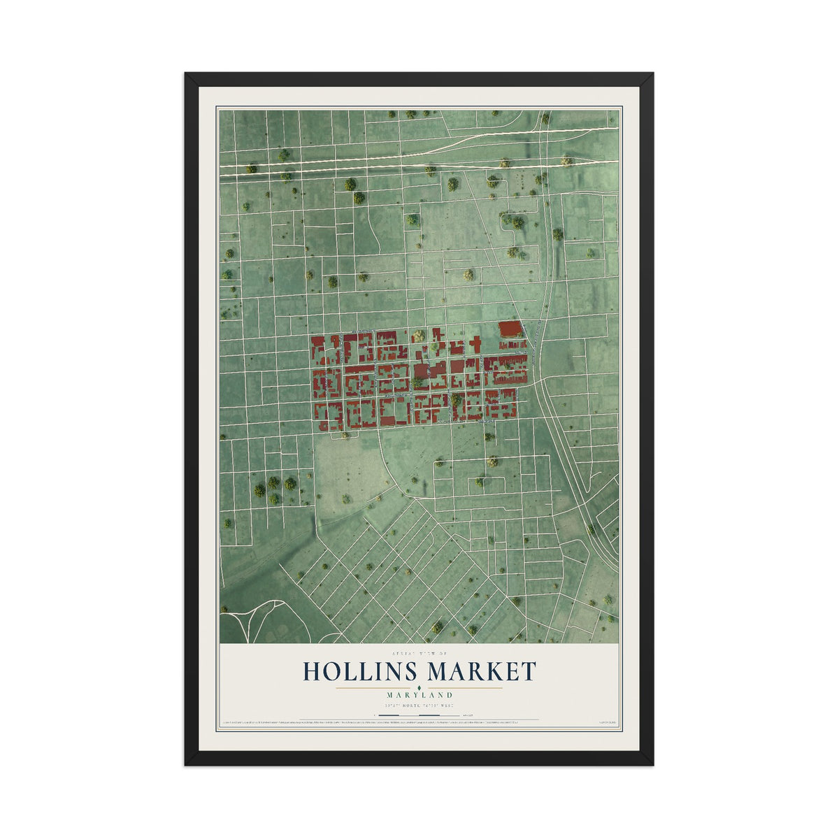 Map of Hollins Market, Maryland, 12 x 18 inch print in a black wood frame