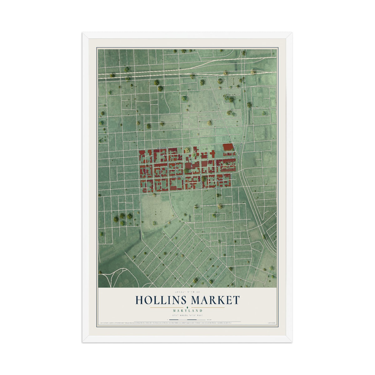 Map of Hollins Market, Maryland, 12 x 18 inch print in a white wood frame