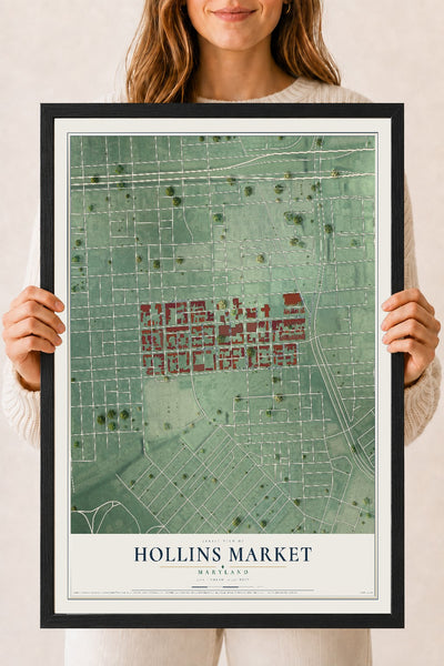 Map of Hollins Market, Maryland, 18 x 24 inch print in a black wood frame
