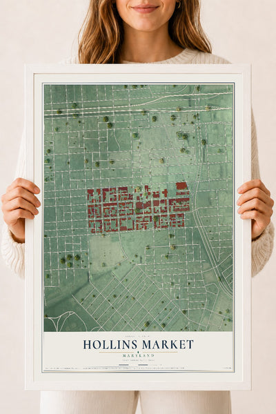 Map of Hollins Market, Maryland, 18 x 24 inch print in a white wood frame