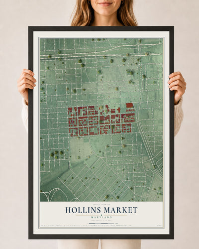 Map of Hollins Market, Maryland, 24 x 36 inch print in a black wood frame