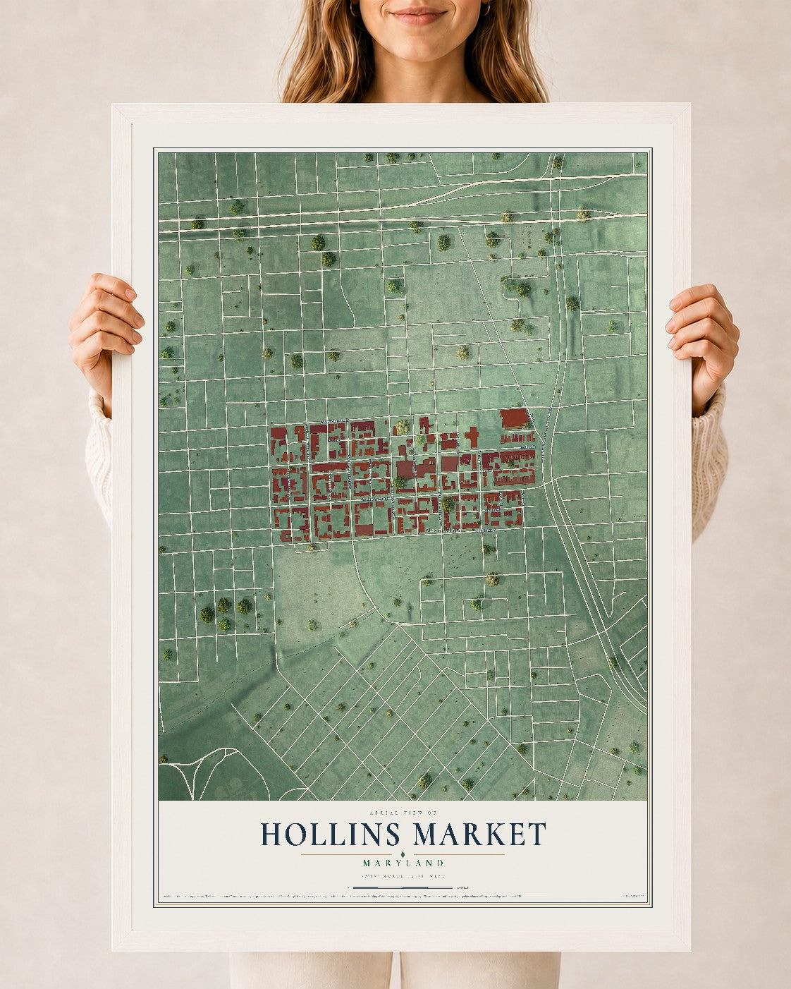 Map of Hollins Market, Maryland, 24 x 36 inch print in a white wood frame