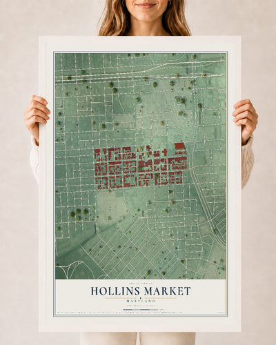 Map of Hollins Market, Maryland, 24 x 36 inch print in a white wood frame