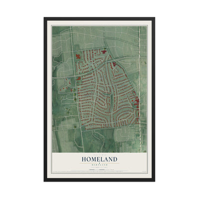 Map of Homeland, Maryland, 12 x 18 inch print in a black wood frame