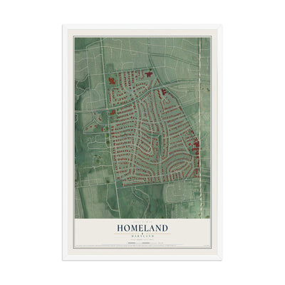 Map of Homeland, Maryland, 12 x 18 inch print in a white wood frame
