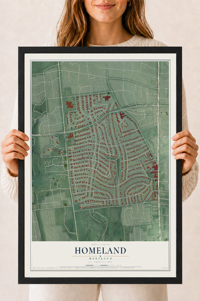 Map of Homeland, Maryland, 18 x 24 inch print in a black wood frame