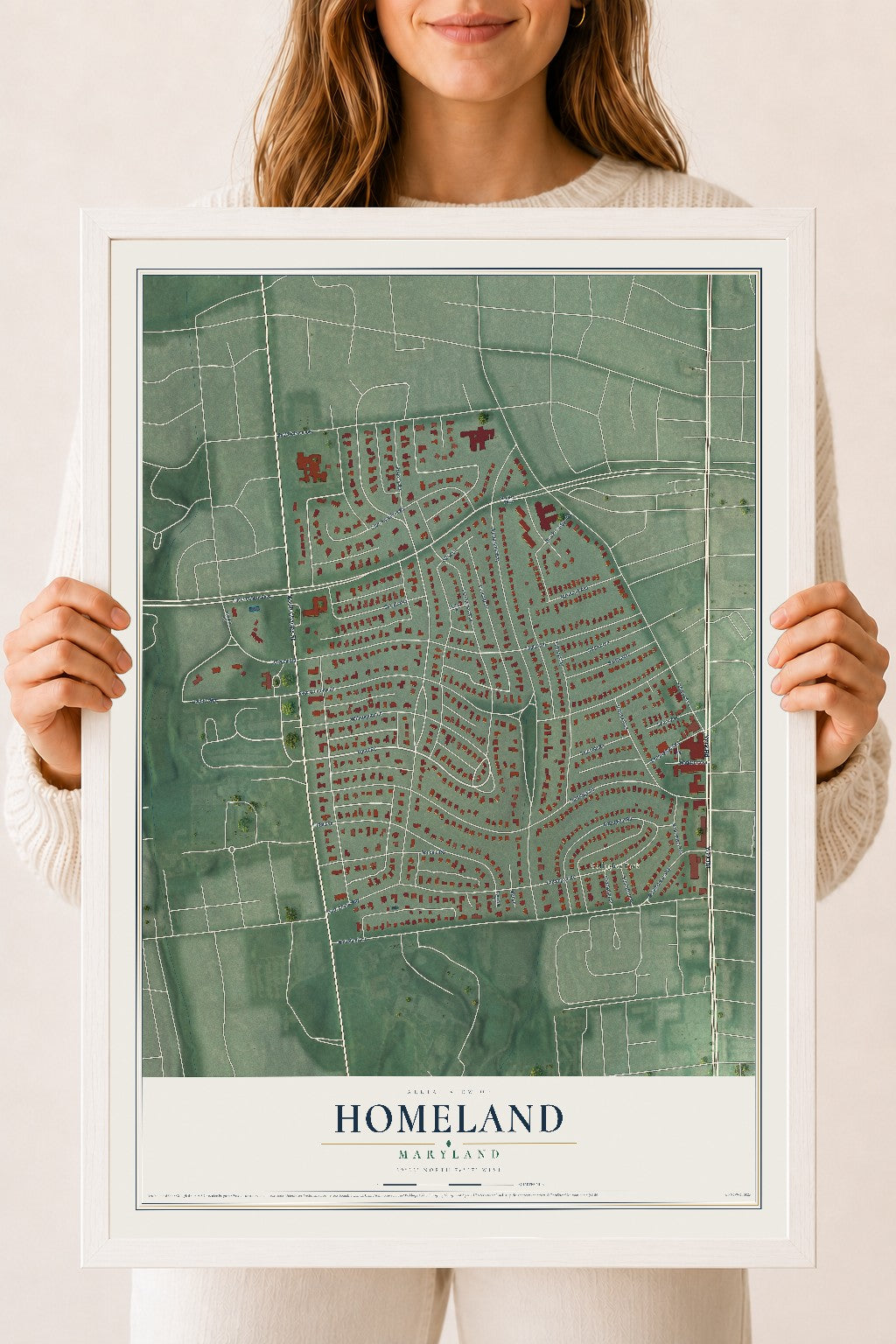 Map of Homeland, Maryland, 18 x 24 inch print in a white wood frame