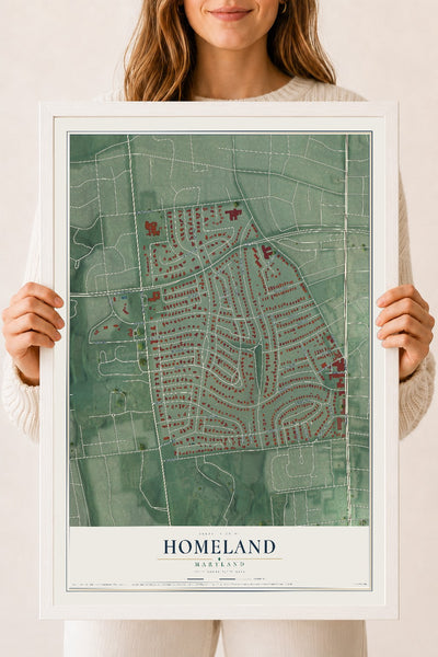 Map of Homeland, Maryland, 18 x 24 inch print in a white wood frame