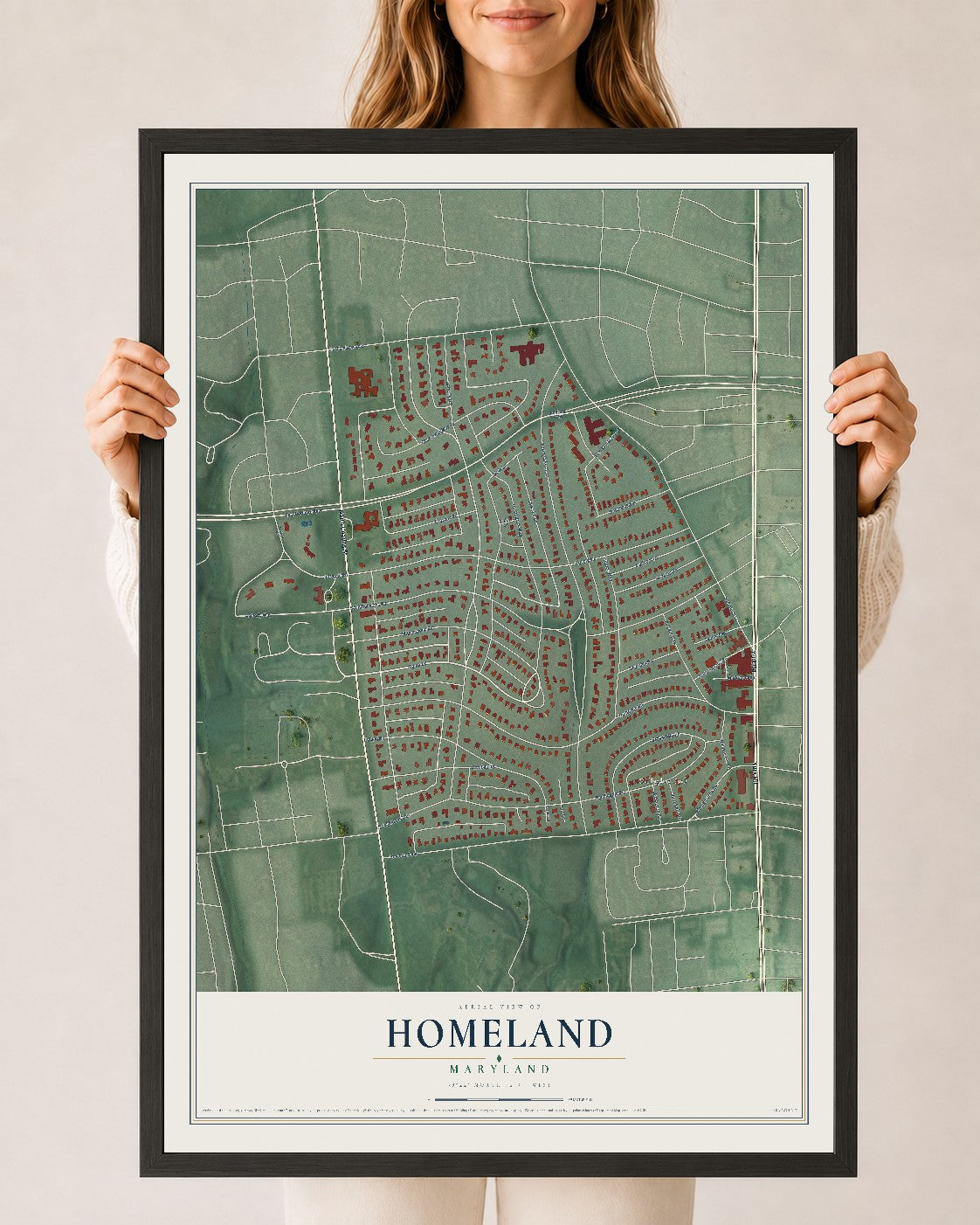 Map of Homeland, Maryland, 24 x 36 inch print in a black wood frame