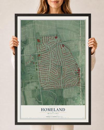 Map of Homeland, Maryland, 24 x 36 inch print in a black wood frame