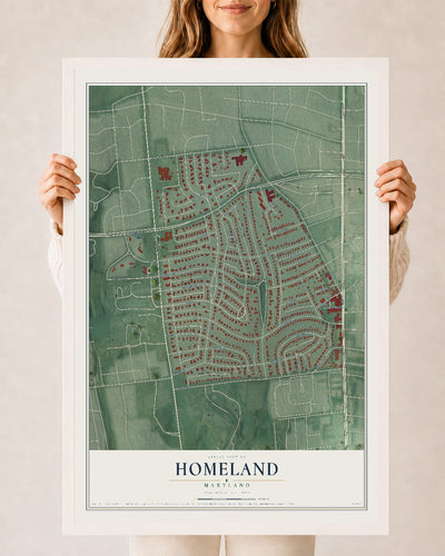 Map of Homeland, Maryland, 24 x 36 inch print in a white wood frame