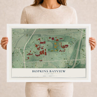 Map of Hopkins Bayview, Maryland, 12 x 18 inch print in a white wood frame