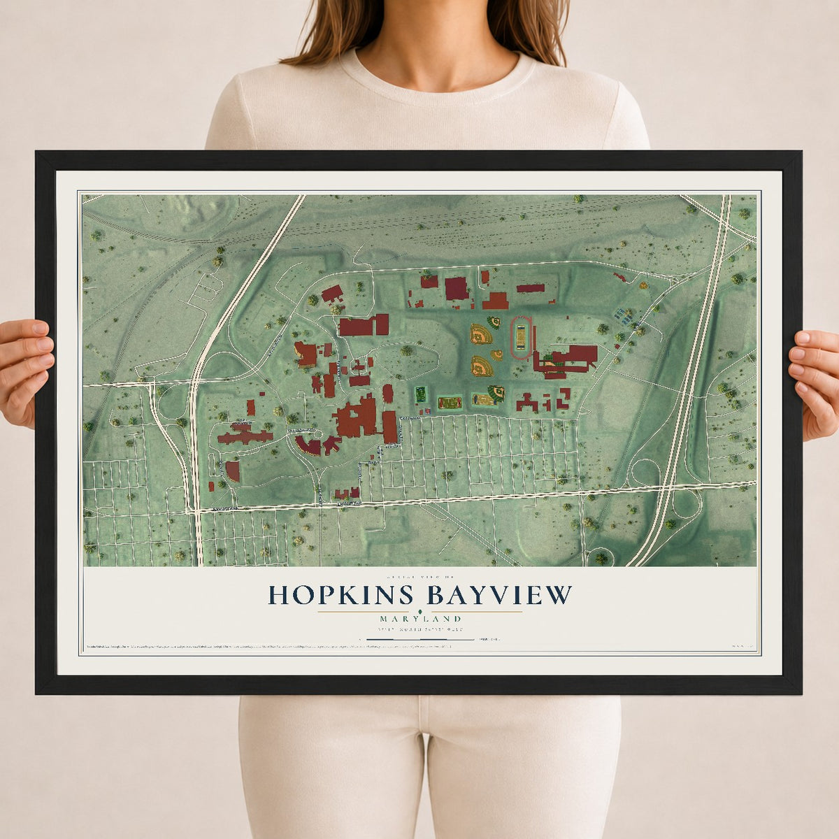 Map of Hopkins Bayview, Maryland, 18 x 24 inch print in a black wood frame
